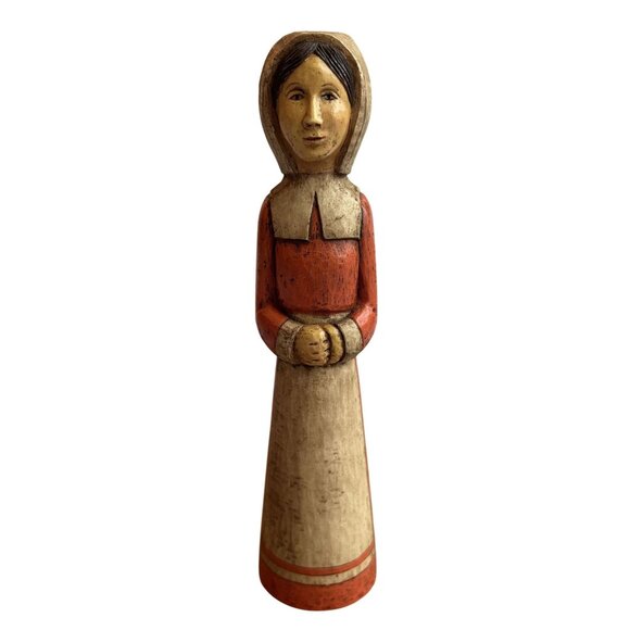 Hand-Carved Pilgrim Woman Candle Holder Figure By Santas World Kurt Adler 9" Fol - Picture 1 of 4